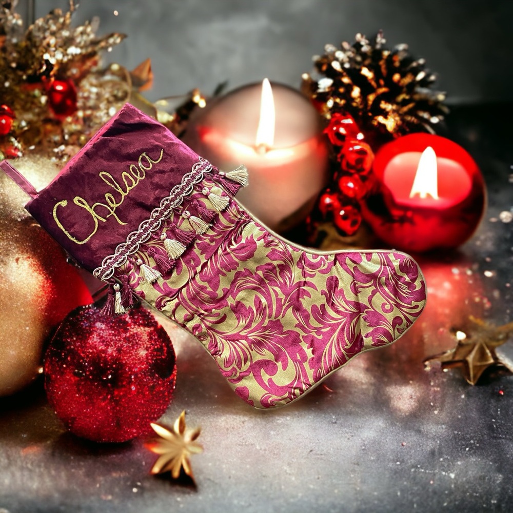 Personalized Christmas stocking “Chelsea” burgundy and gold with tassels.